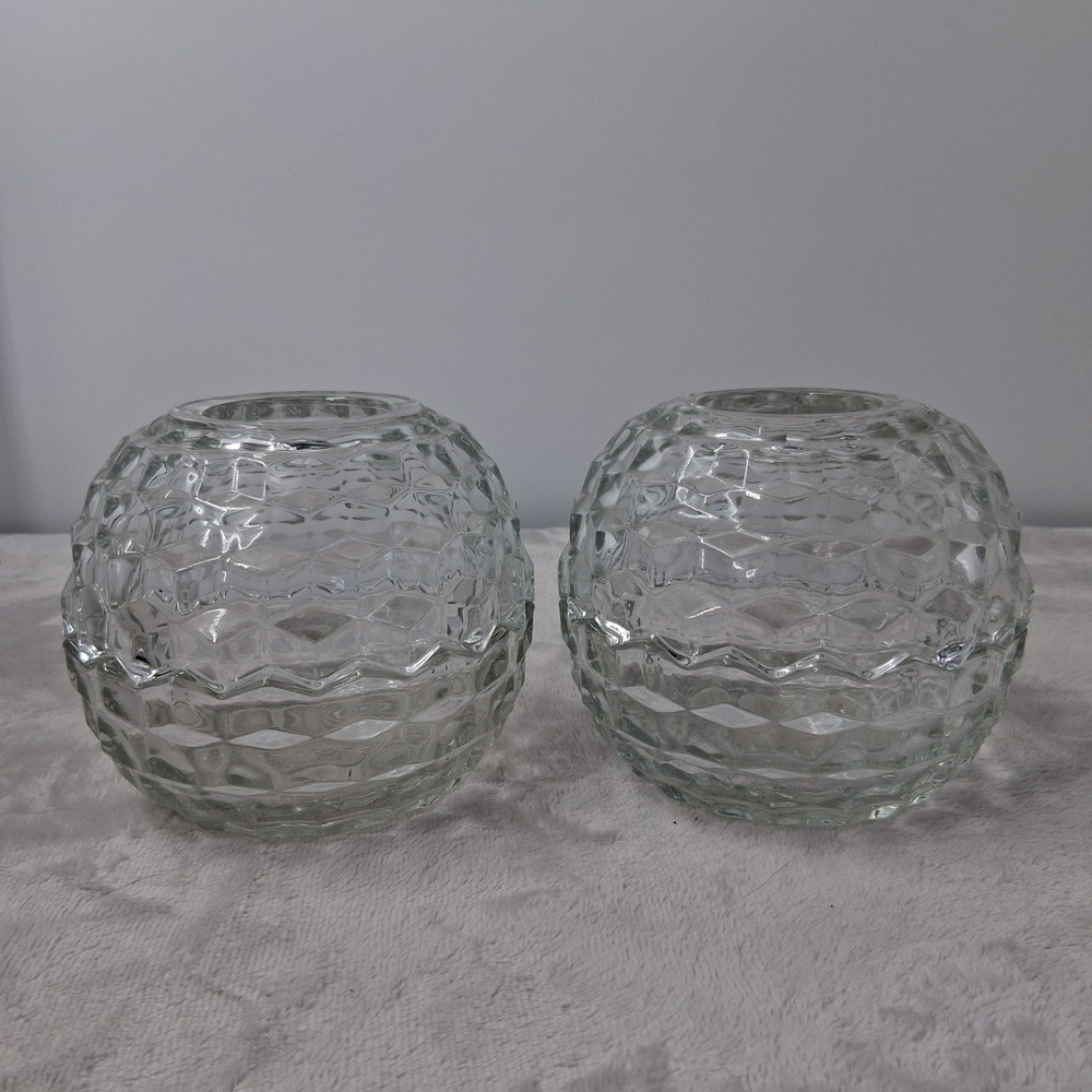 Vintage Clear Glass Fairy Lamps Pair Diamond Pattern Cottagecore Home Decor EUC